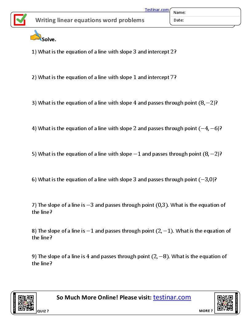 Writing Linear Equations Worksheets Writing Linear Equations Worksheets