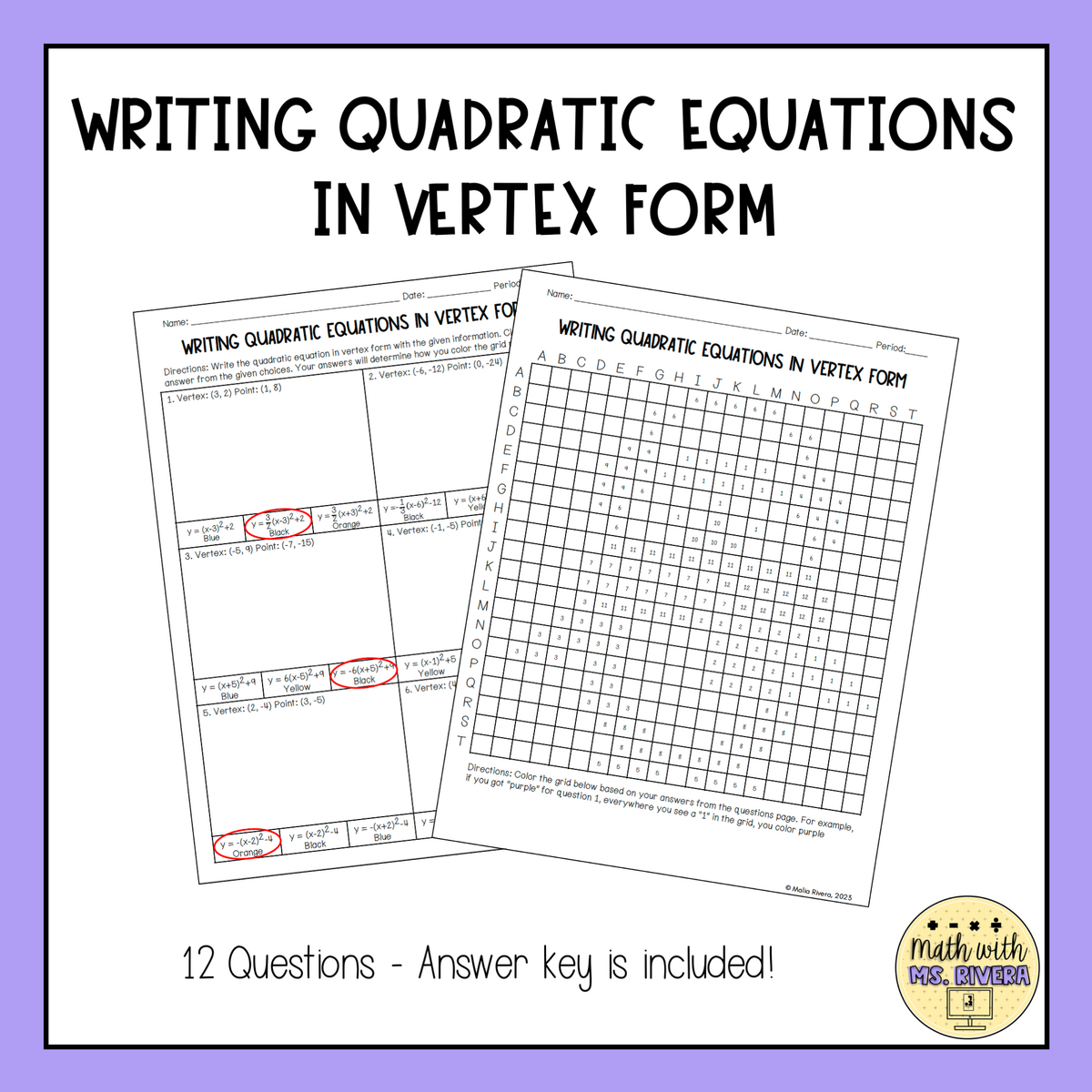 Writing Quadratic Equations In Vertex Form Color By Number Pixel Art Worksheet Made By Teachers