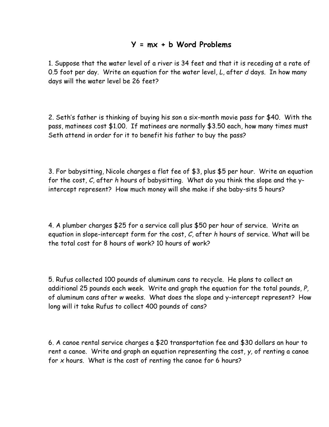 Y mx b Word Problems Linear Equations Worksheet