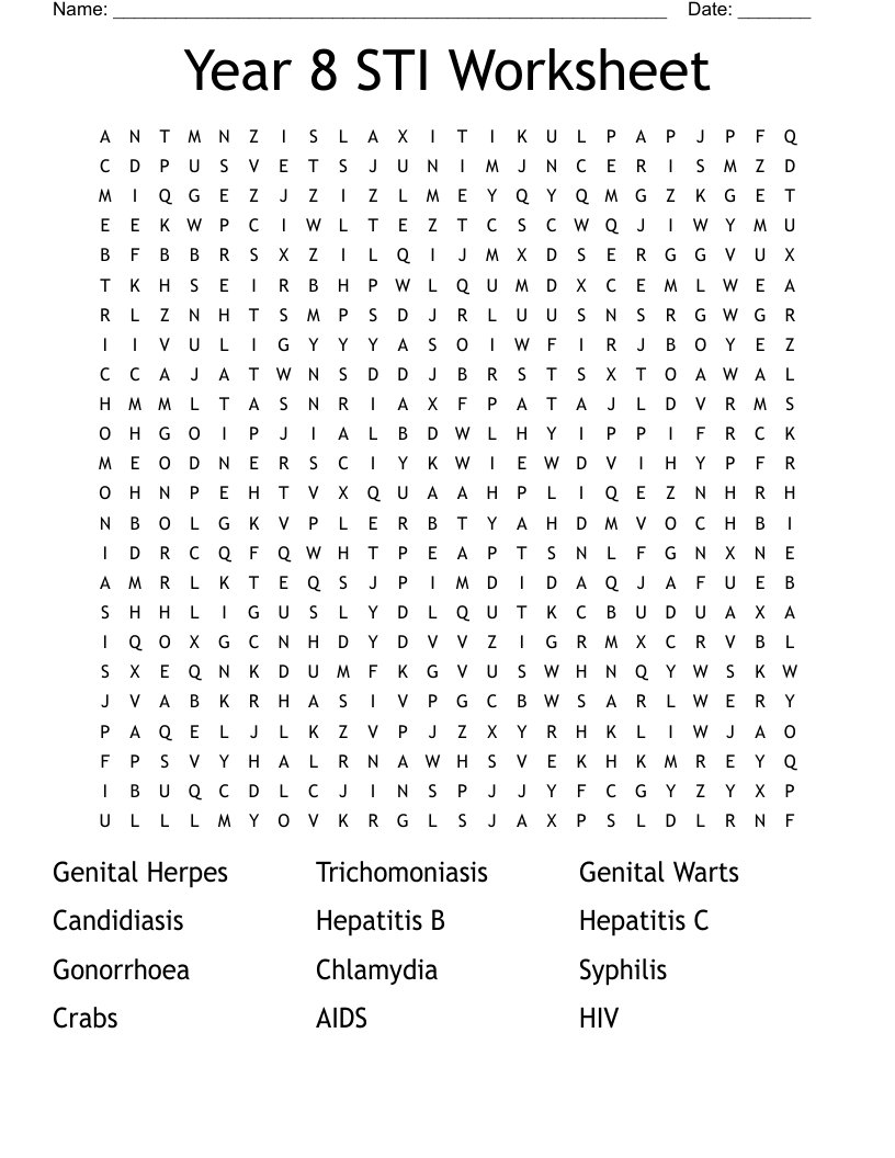 Year 8 STI Worksheet Word Search WordMint